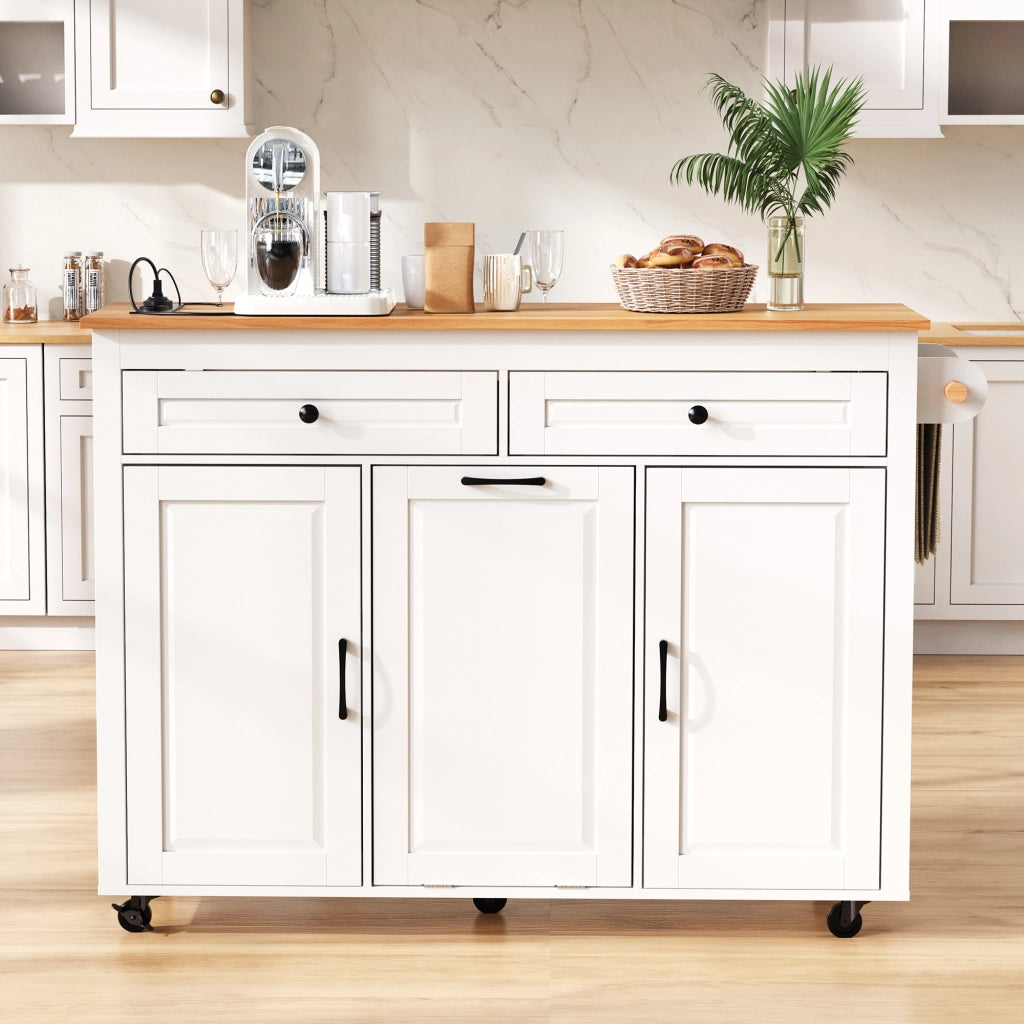 Isola da Cucina con Piano Estensibile; Vano per Pattumiera e Prese; per Cucina e Sala da Pranzo; in MDF; 120x40-75x92 cm; Bianca
