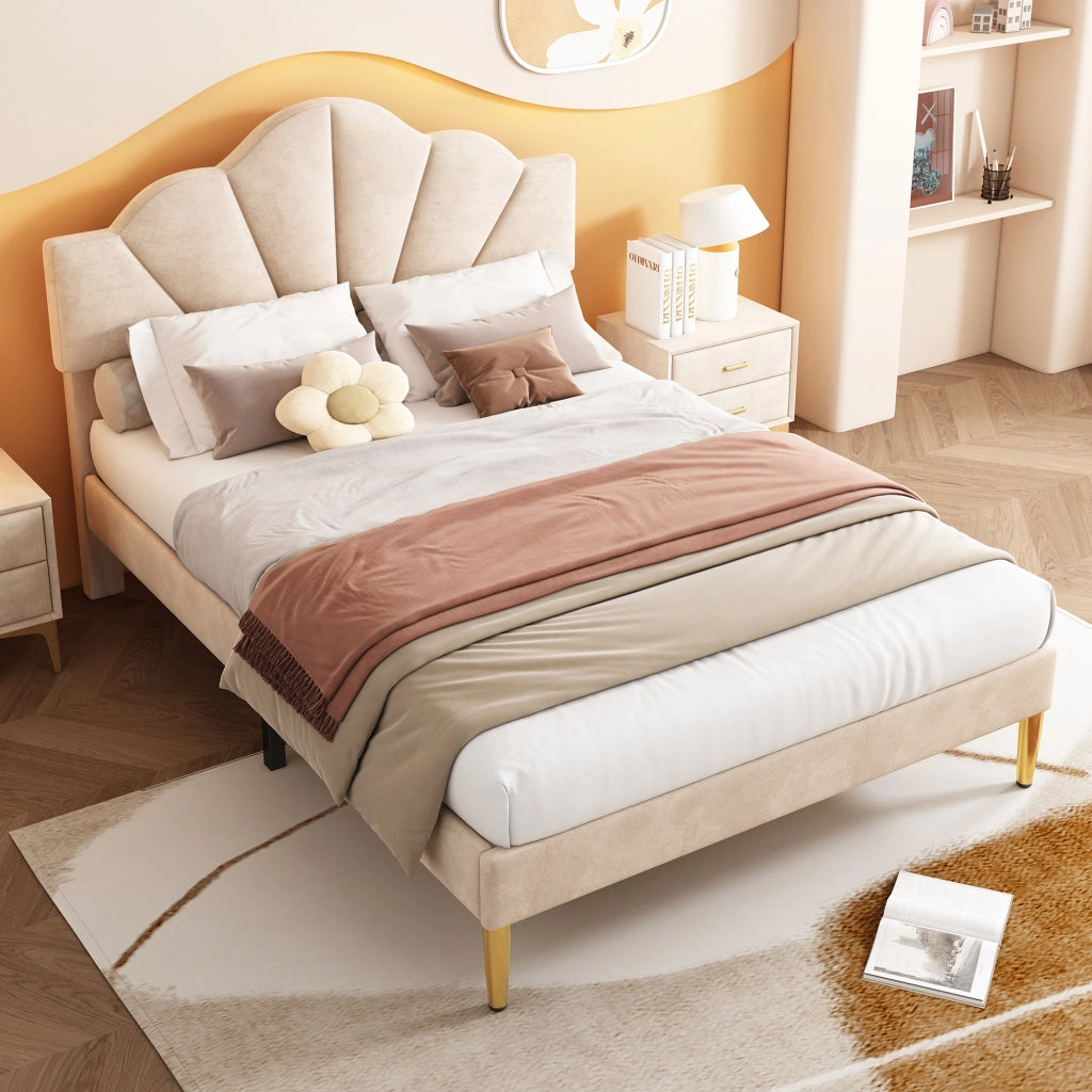 Lit matrimoniale 140 × 200 cm 2 posti con testiera regolabile, senza materasso, in velluto, beige