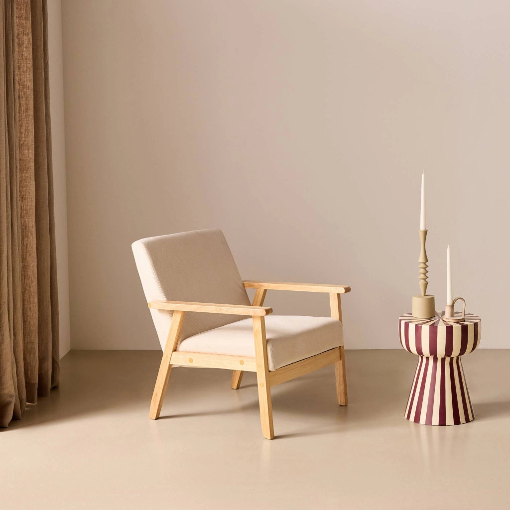 Poltrona scandinava in legno e velluto a coste, crema