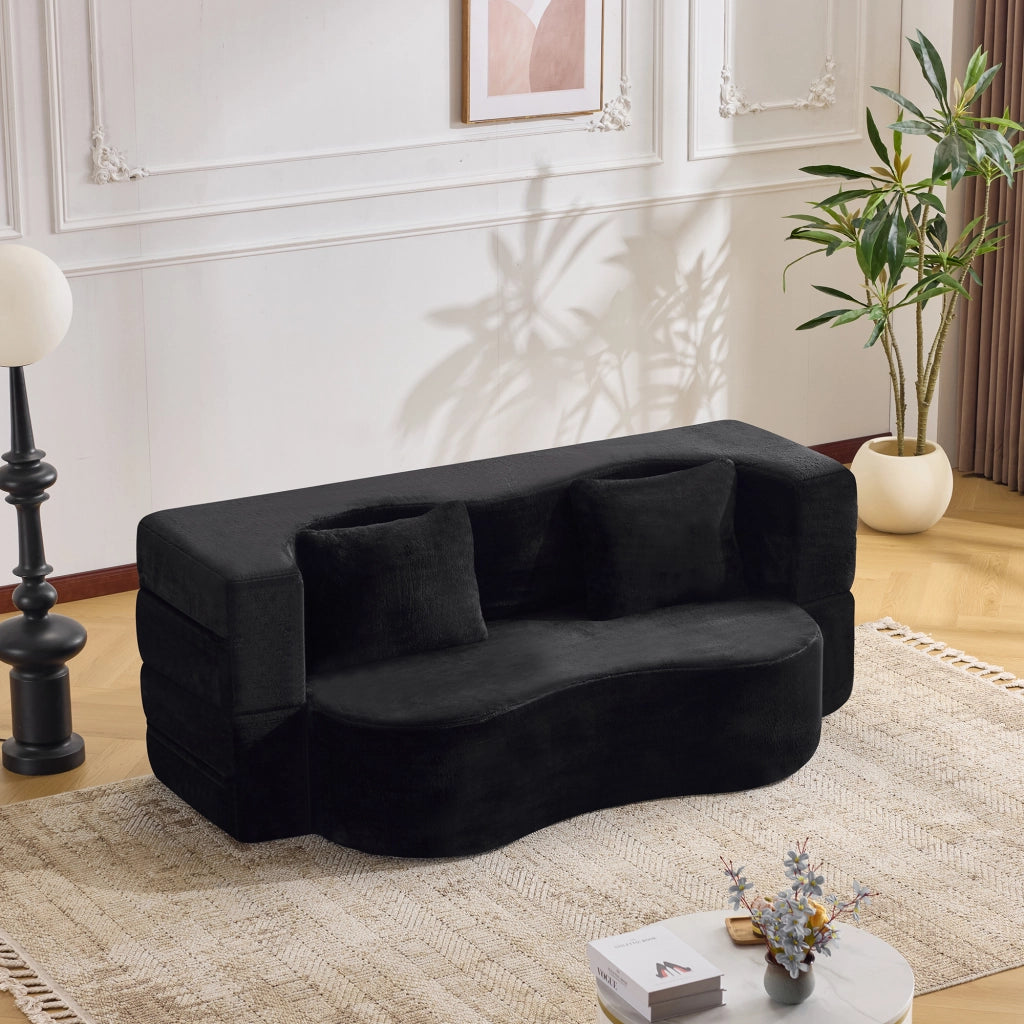 Divano letto pieghevole 2 posti con funzione letto e 2 cuscini in tessuto effetto peluche nero