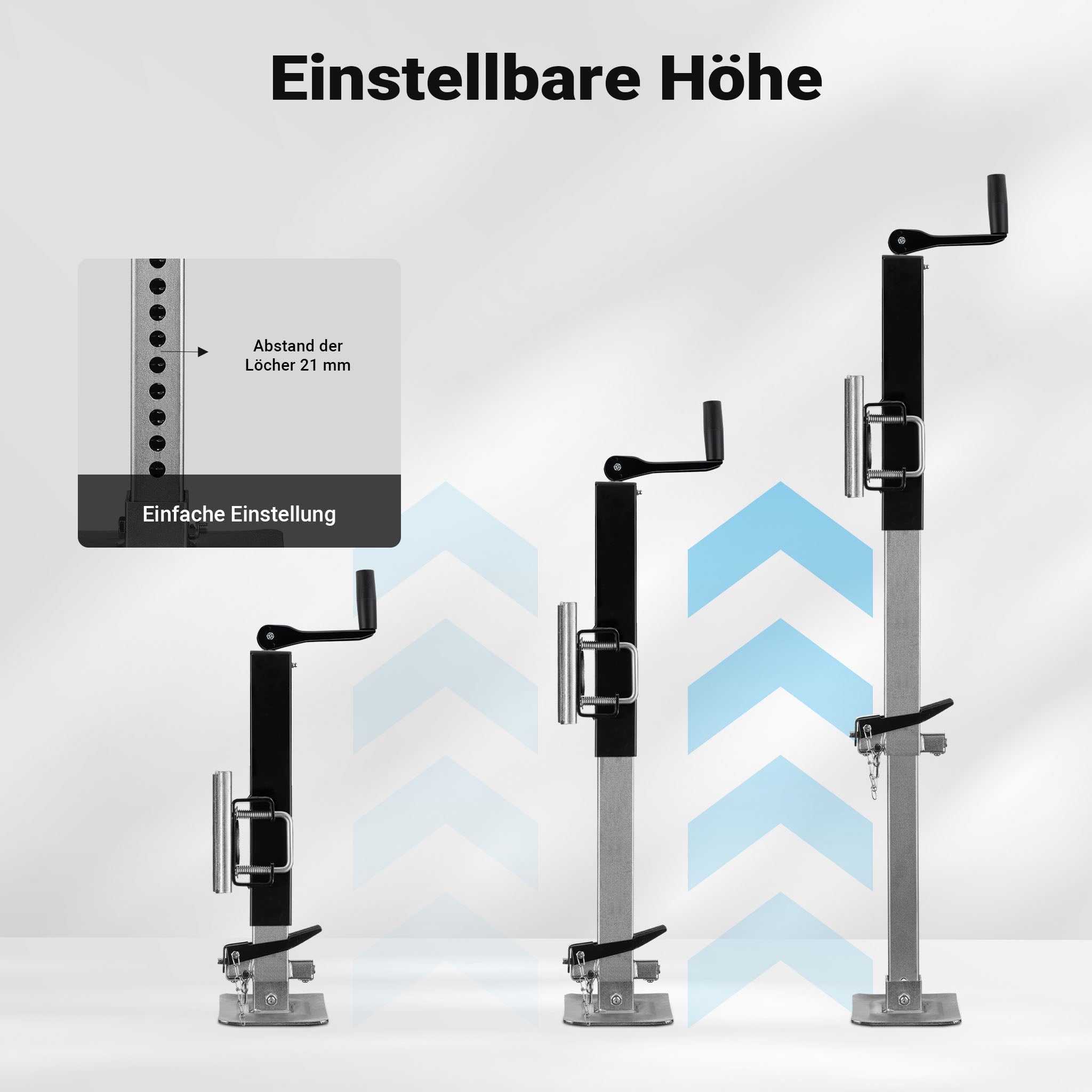 Piede stabilizzatore per rimorchi roulotte, max 900 kg, regolabile in altezza con manovella, con pedale e perno di sicurezza