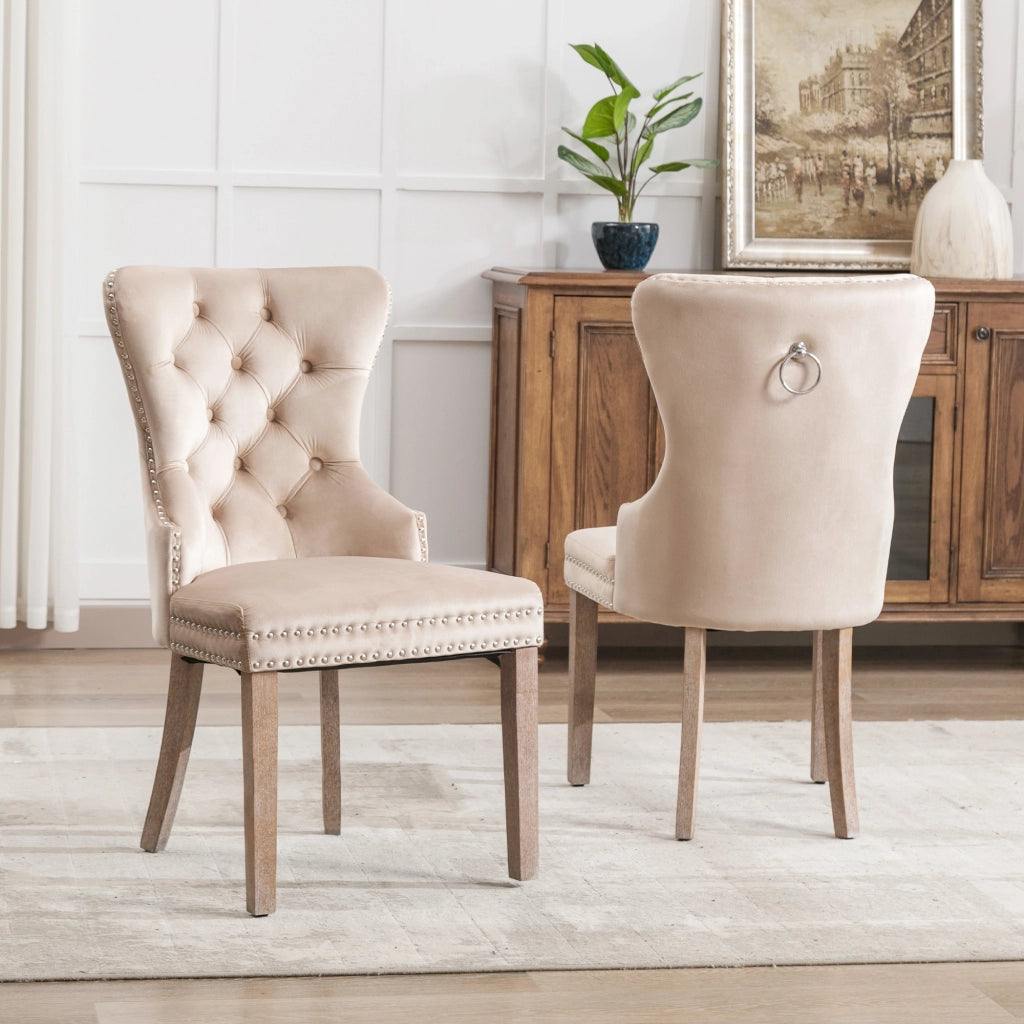 Sedia da Pranzo Imbottita in Velluto ¨C MINIMAL ¨C Beige, Gambe in Legno Massello, Set 2 Pezzi