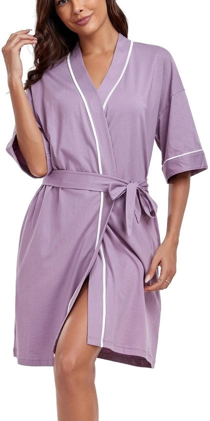 Kimono da Bagno Donna Leggero 100% Cotone Corta Estate Abbigliamento da Camera con 2 Tasche (Taro Blu, XL)