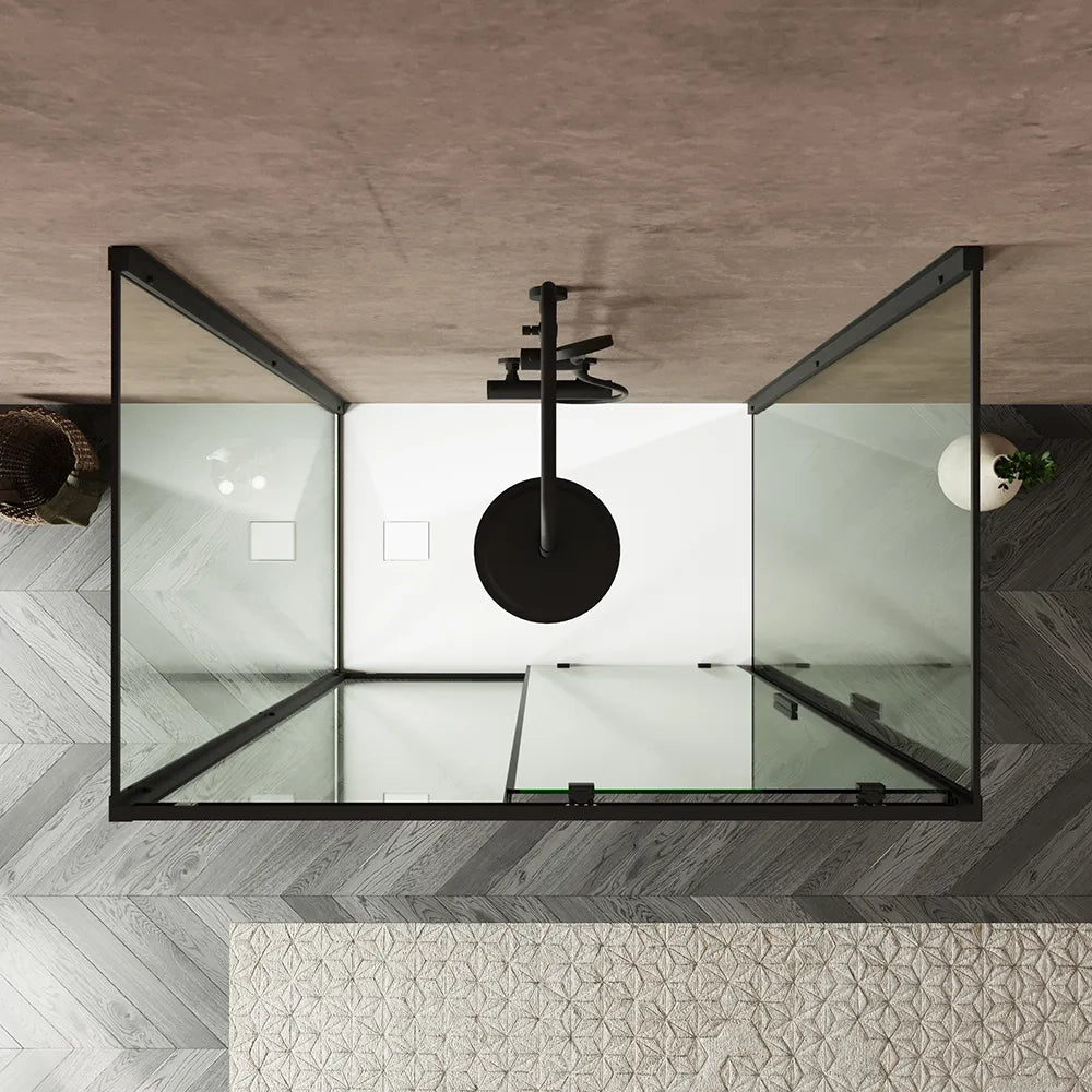 Box doccia tre lati 80x160x80cm con porta scorrevole profili nero opaco e vetro 6mm trasparente h190 | Portofino