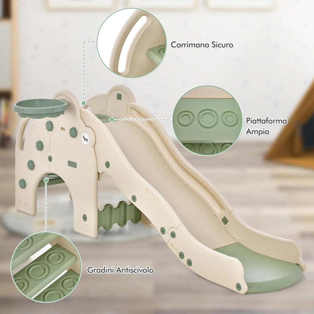 Scivolo per Bambini Forma di Elefante, 4 in 1 Scivolo con Canestro da Basket e Pallone, Scalini Antiscivolo, Set di Giocattoli Scivolo per Bambini 18 Mesi+(Verde)