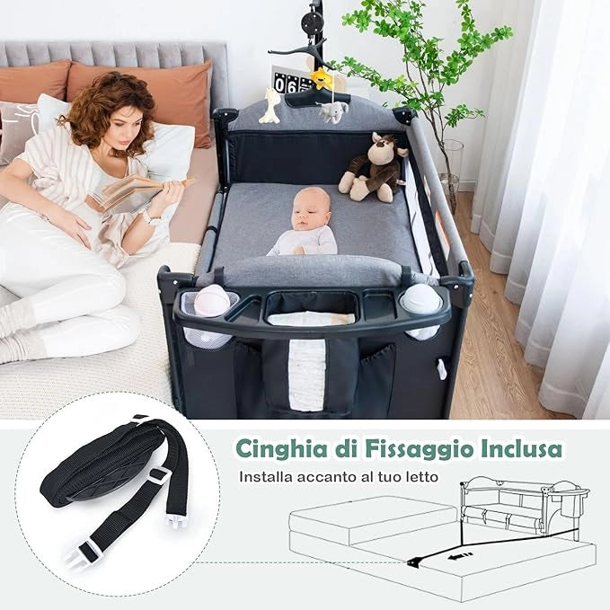 5 in 1 Lettino da Campeggio per Bambini, Lettino con Materasso per Neonato, Culla da Viaggio con Fasciatoio, Altezza Regolabile, Ruote con Freno, per Bambini 0-36 Mesi (Nero)