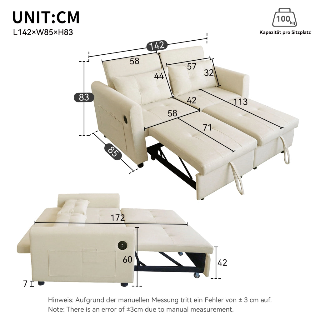 DIVANO LETTO 3-in-1 con schienale regolabile 142x85x83 cm beige cotone e lino