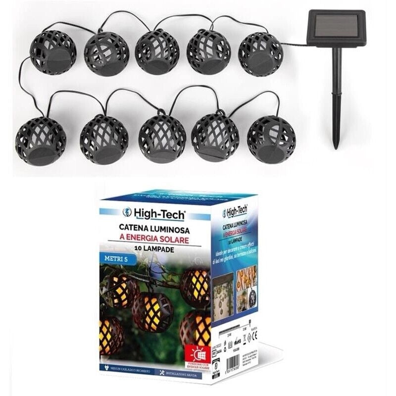 CATENA LUMINOSA A ENERGIA SOLARE CON 10 LANTERNE X 8 MT IN COLORAZIONE NERA