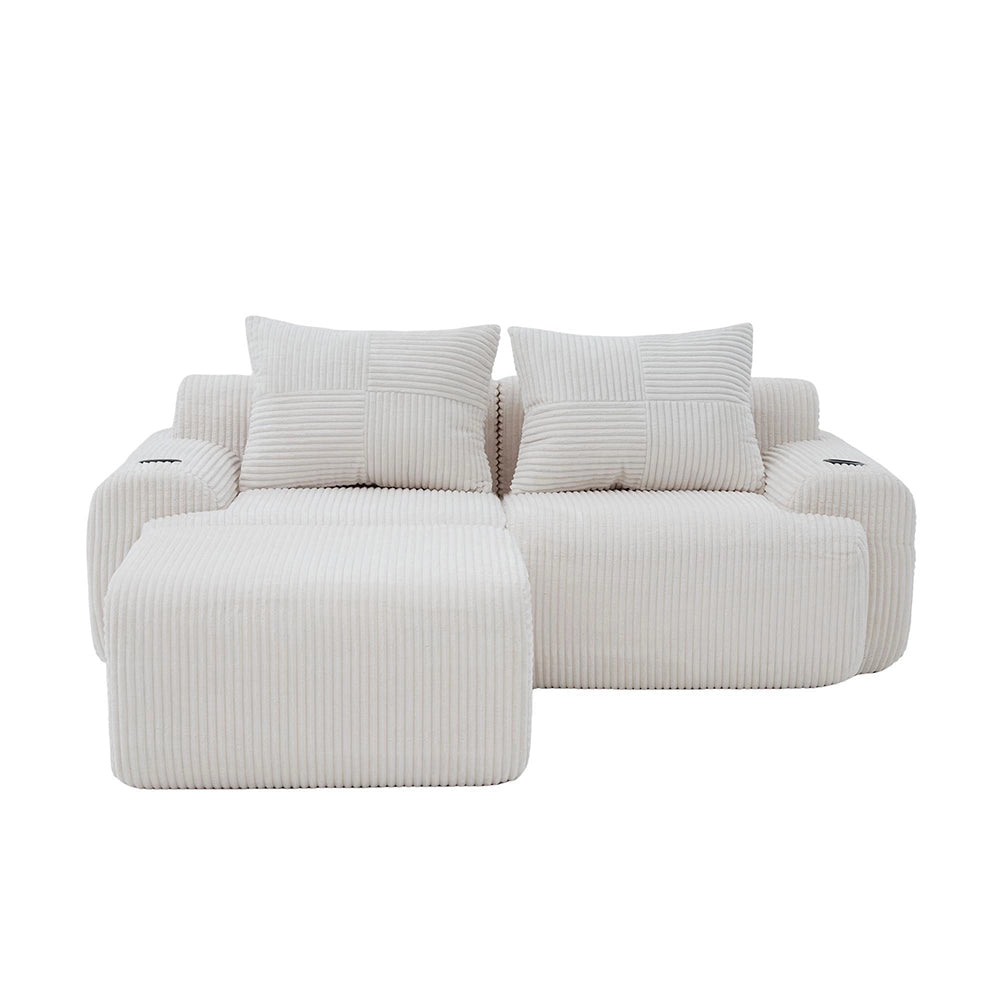 Canap¨¦ modulable in velluto costato per 2 persone - Xylo - Beige con porta-bevande e tasche laterali