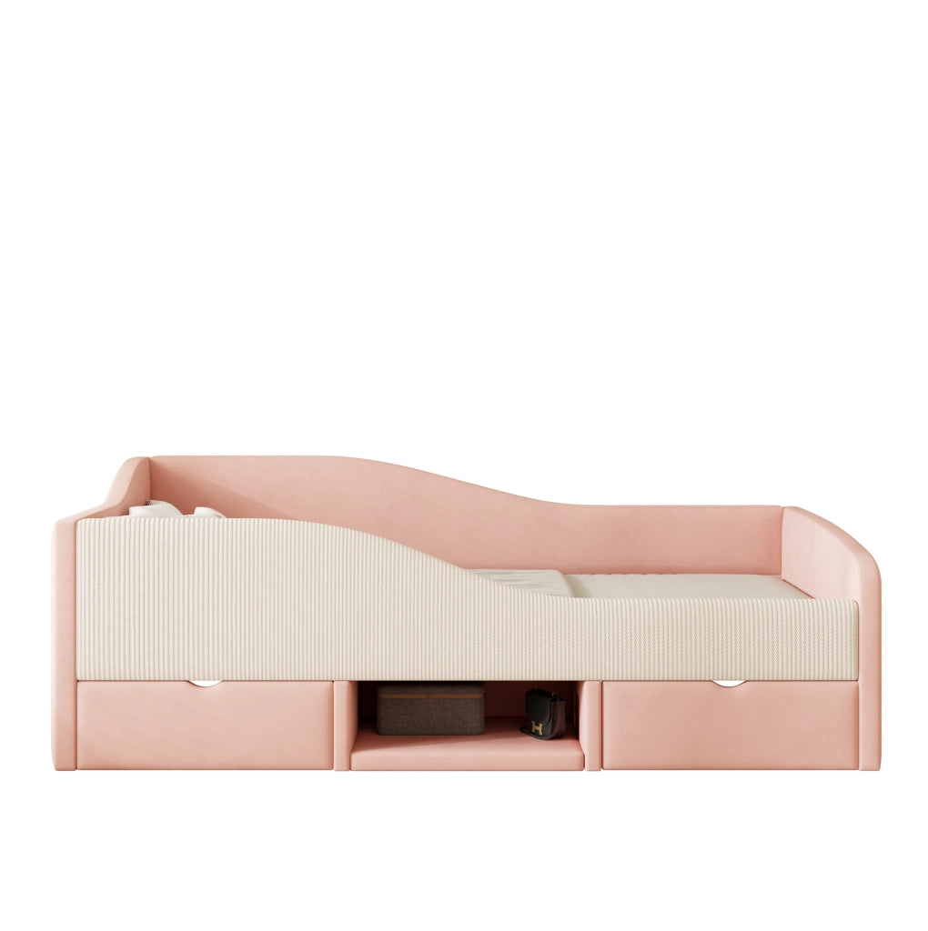 Letto imbottito per bambini 90x190 cm in velluto rosa e bianco; con sponde e contenitore