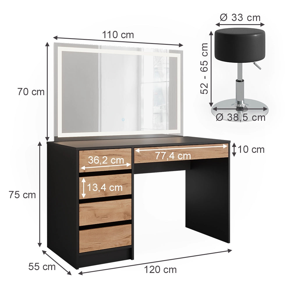 Vicco Tavolo da toilette Antracite/quercia dorata 120 x 75 cm con specchio LED e sgabello