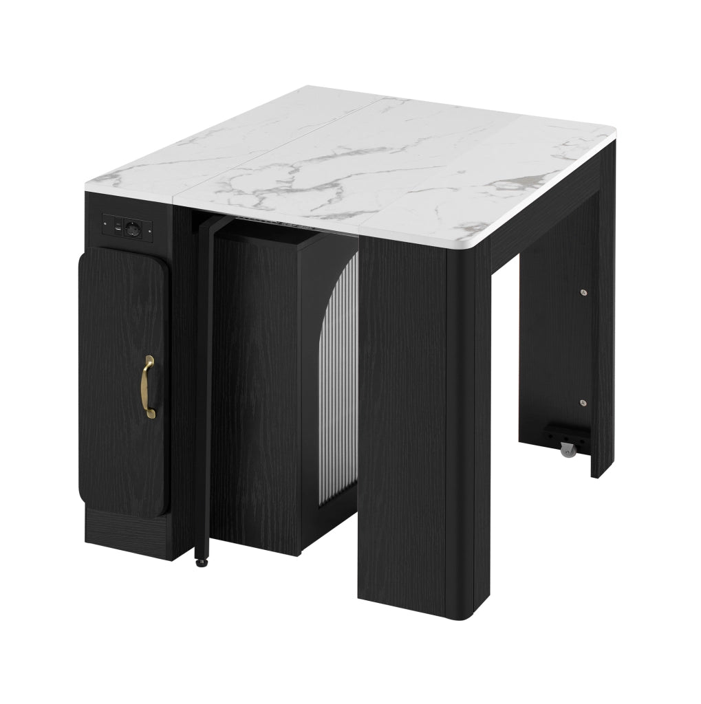 Tavolo allungabile 83x39.6~79.6~119.6~149.6x77 cm con ruote e prese USB Type-C in MDF e vetro bianco e nero