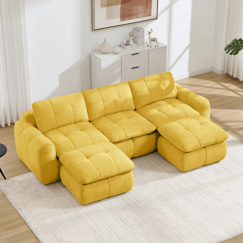 Divano modulare a U 3 posti senza struttura in chenille con seduta ergonomica giallo 264 × 160 × 68 cm