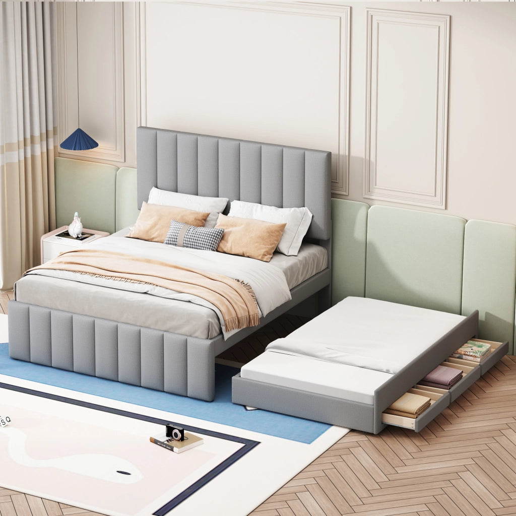 OKWISH Letto a scomparsa 140×200 cm, Letto Matrimoniale con 3 Cassetti, Testiera Regolabile e Letto Estraibile, senza Materasso, Grigio