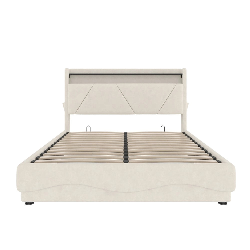 Letto imbottito contenitore con testiera LED ¨C Minimal ¨C velluto grigio 140x200cm