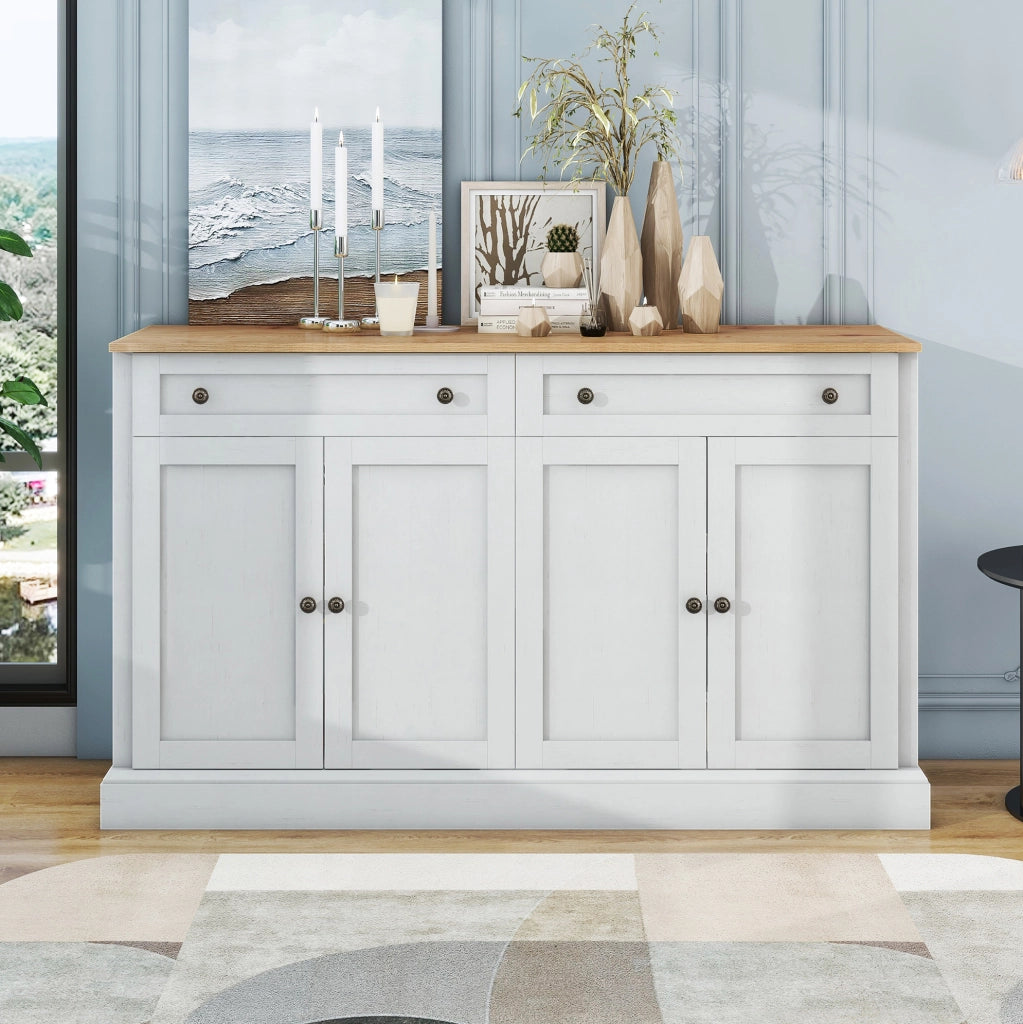 Madia 150x40x86 cm con 4 ante e 2 cassetti; bianco e colore naturale
