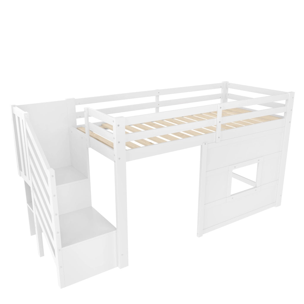 Letto a soppalco 90 × 200 cm con scala contenitore, finestra e LED regolabile, senza materasso, bianco