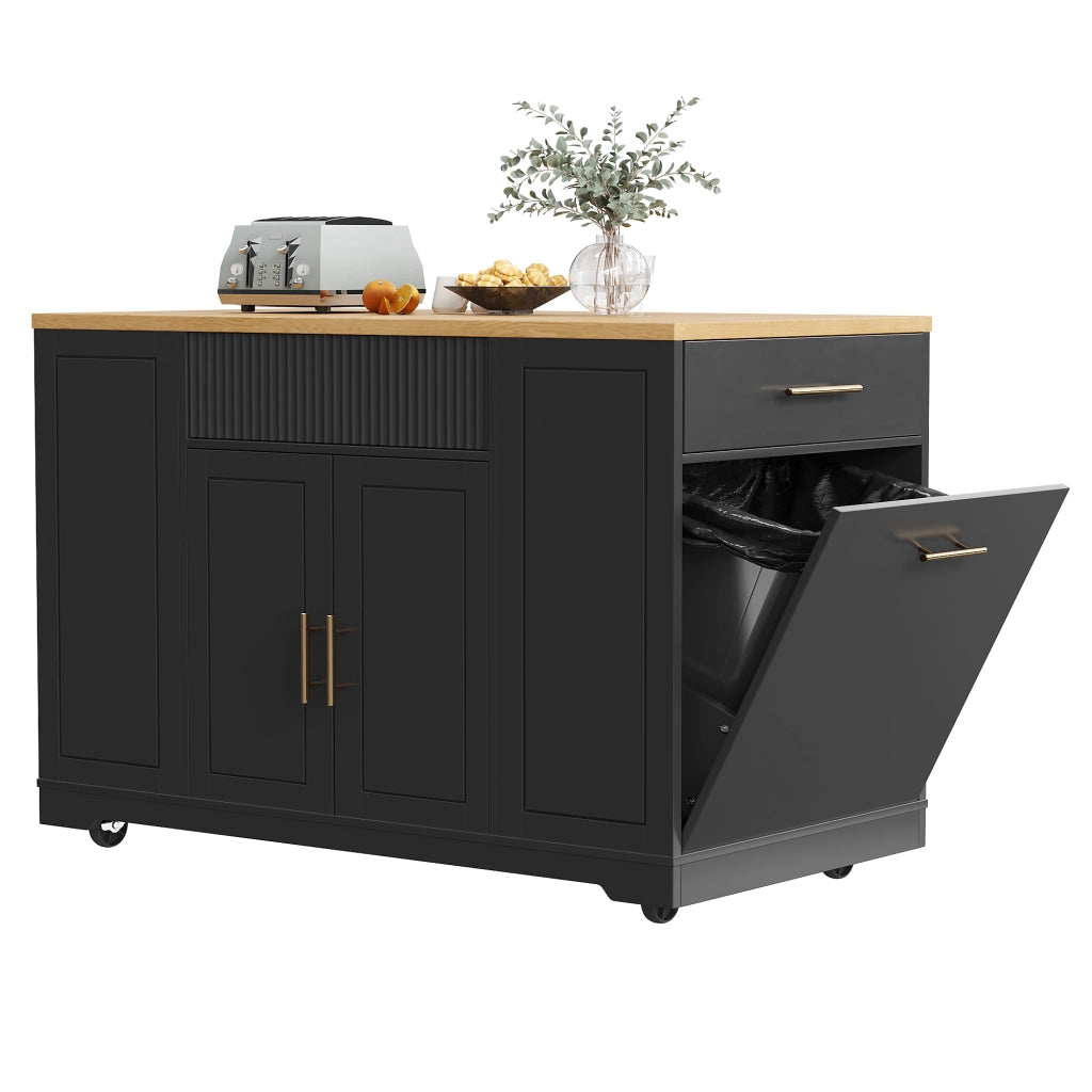 OKWISH Carrello da cucina con 2 ante, 3 cassetti, vano per pattumiera e 5 ruote, per cucina, MDF nero, 120x50x92 cm