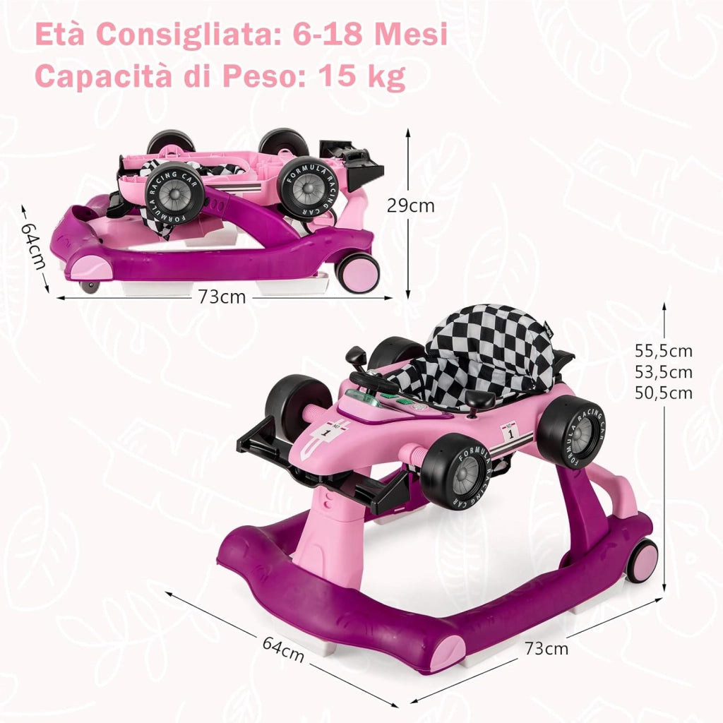 Girello per Bambini 4 in 1, Girello Pieghevole con Altezza e Velocità Regolabili, Carillon con Luci, Volante e Sedile, Primi Passi per Bambini 6-18 Mesi, Portata 15 kg (Viola)