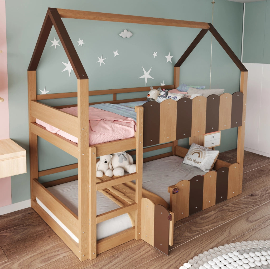 Letto a castello per bambini 90x200 cm con design a casetta e sponde di sicurezza