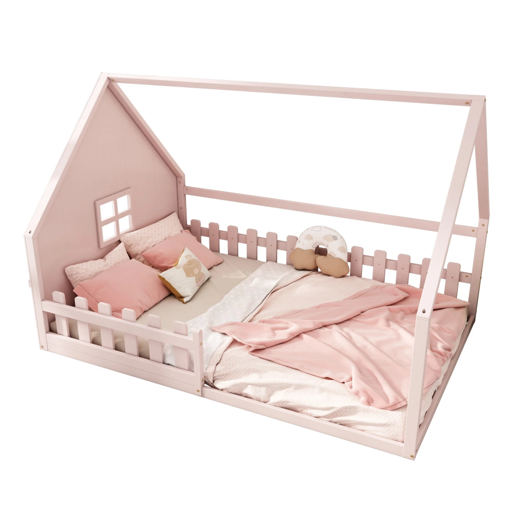 Letto Casetta 140×200 cm; Letto Singolo 2 Posti con Sponda; senza Materasso; in Pino e MDF; Rosa