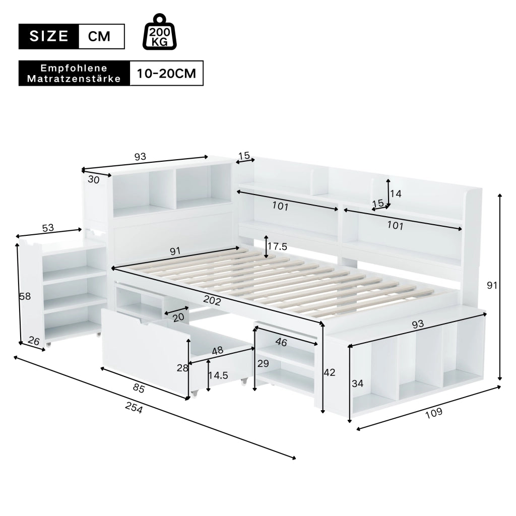 Letto per bambini 90x200 cm con cassetti, libreria e armadietto, con rete a doghe, bianco, senza materasso