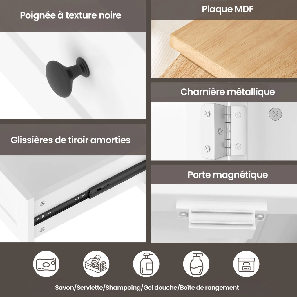 Mobile sottolavabo con lavandino in ceramica, 1 anta, 1 cassetto e ripiano regolabile, per bagno, bianco, 51 × 46 × 85 cm