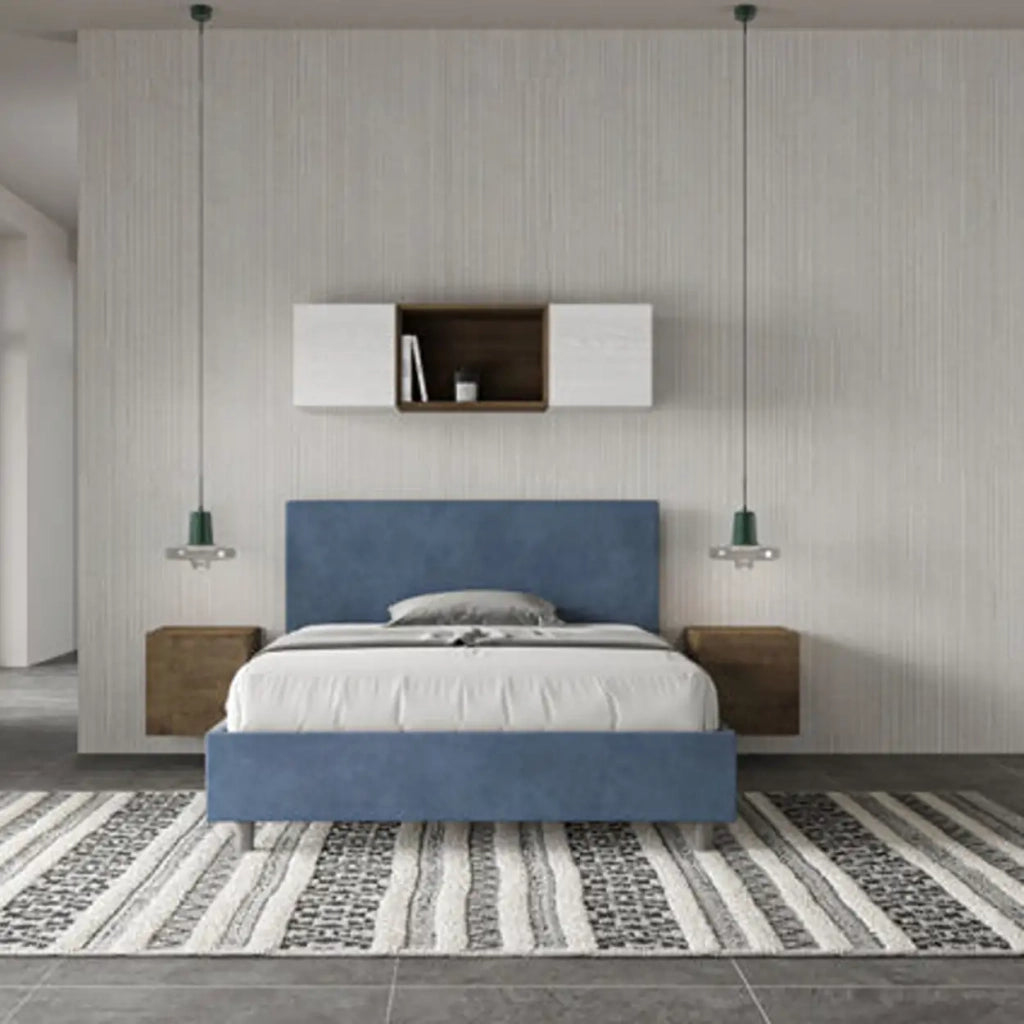 Letto matrimoniale francese contenitore imbottito 140x210 microfibra blu Adele