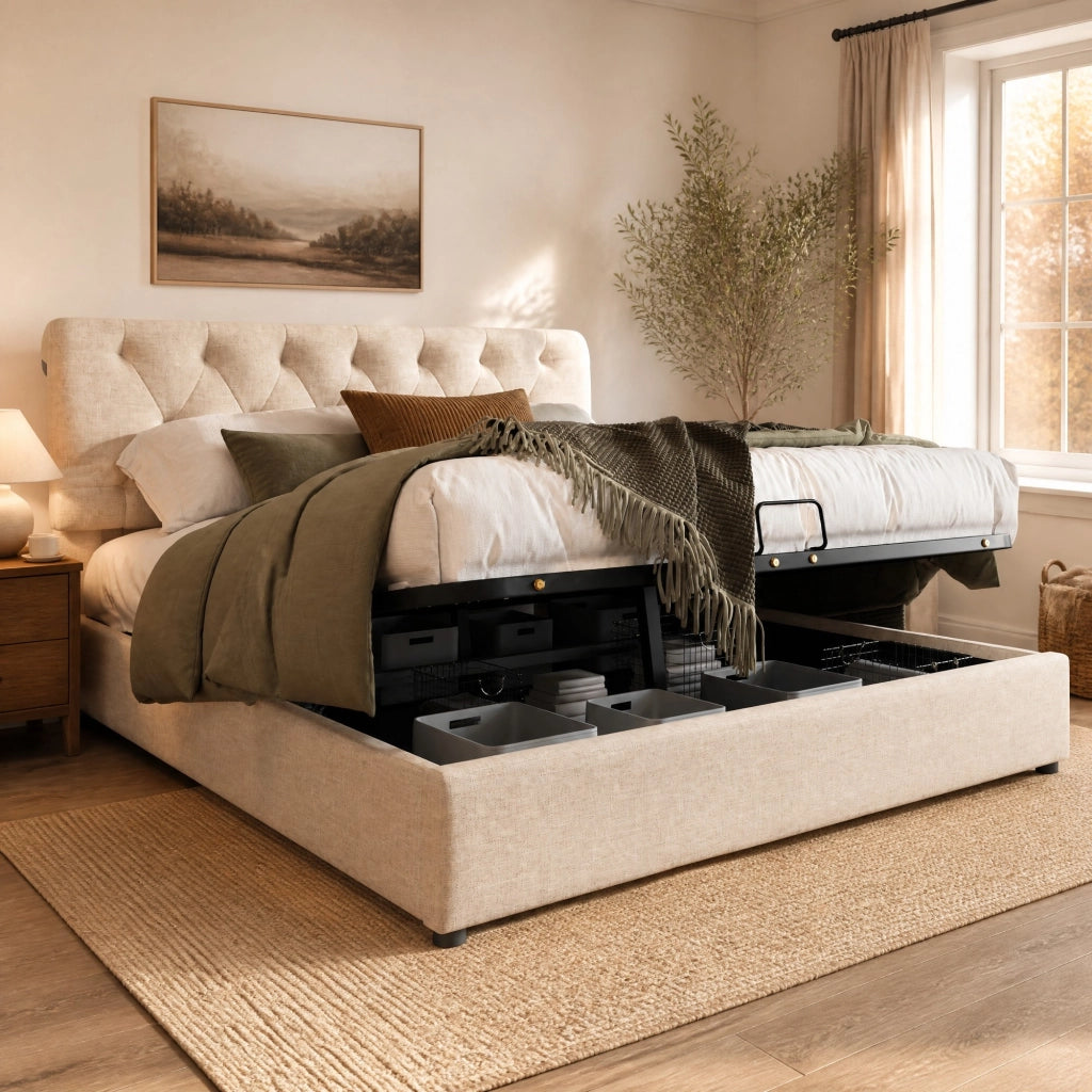 LETTO matrimoniale contenitore idraulico 140x200 cm in lino naturale con materasso incluso