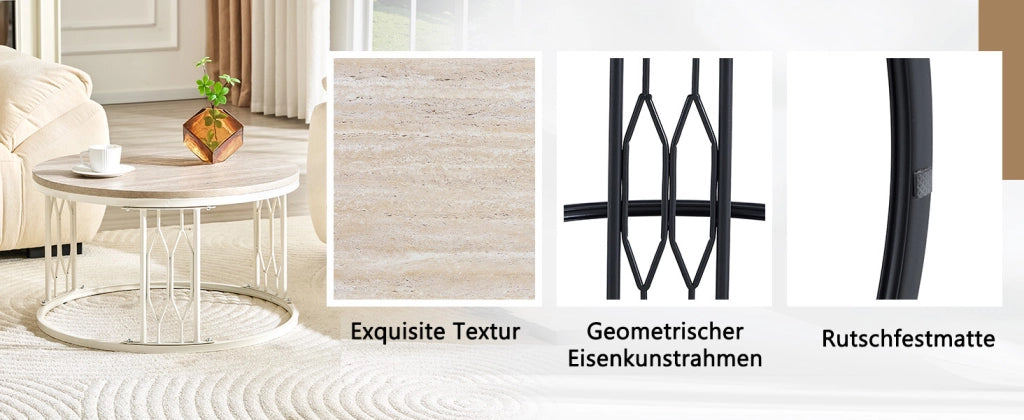 Tavolino basso rotondo in MDF effetto legno con struttura in metallo, per soggiorno, bianco, Ø 70 × 40,5 cm