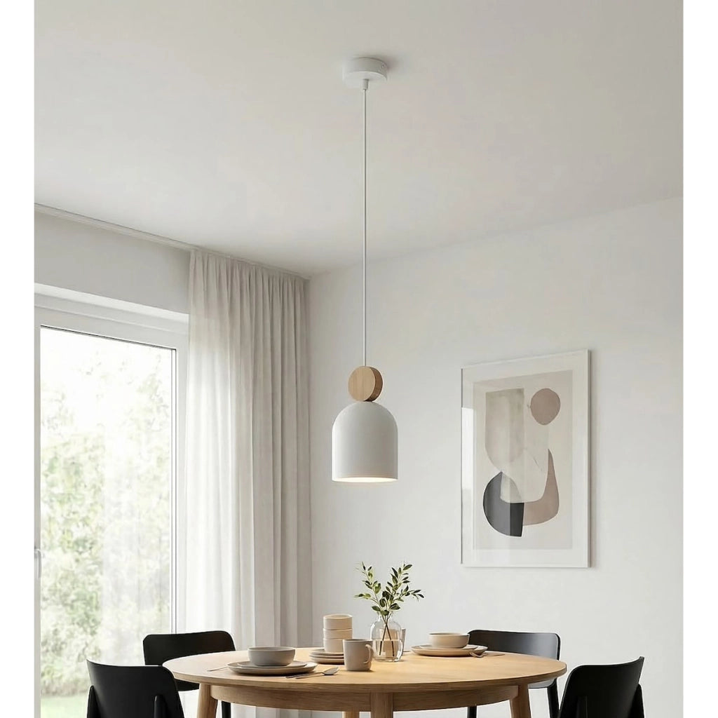 Lampada a sospensione Mesi in acciaio bianco opaco e legno