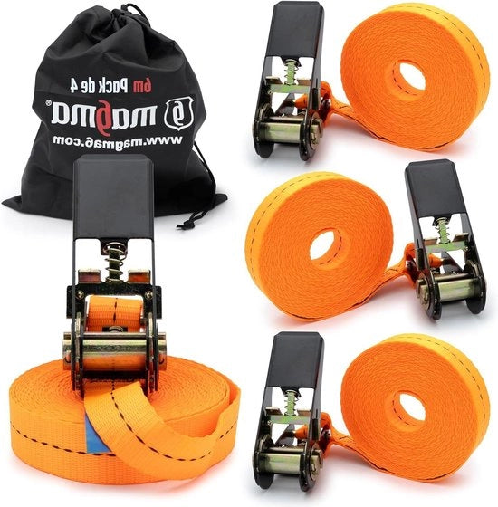 Cinturoni di sicurezza da 6 m 800 kg - 4 pezzi - Cinturoni di sicurezza con rattrappo per rimorchio, kayak, tavola da surf, canoa, bicicletta, motocicletta - Lunghezza regolabile - Arancione