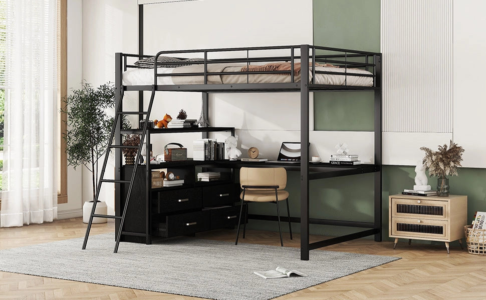 DESMIU Letto a soppalco matrimoniale con scrivania a L, cassetti e vano contenitore 140 × 200 cm, senza materasso, nero