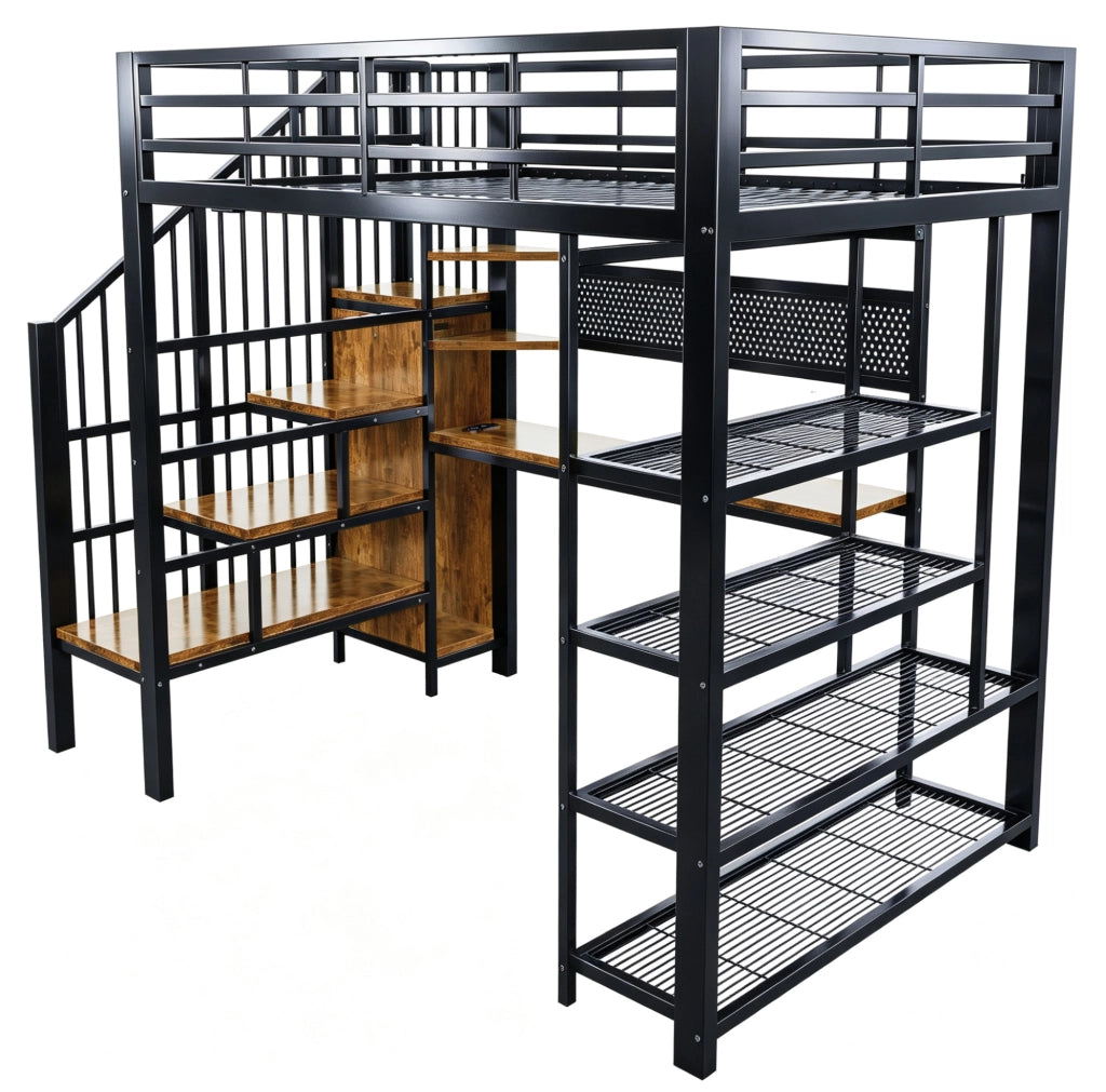 Letto a soppalco multifunzione 140 x 200 cm in metallo e legno; nero; con scala contenitore; LED e prese
