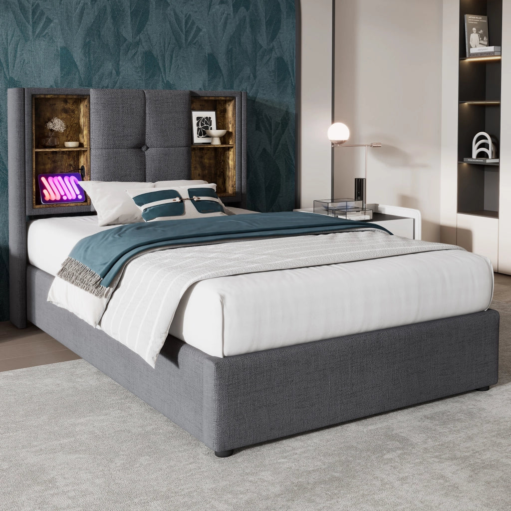 LETTO Contenitore 90x200 cm Grigio in cotone con ricarica wireless USB-C