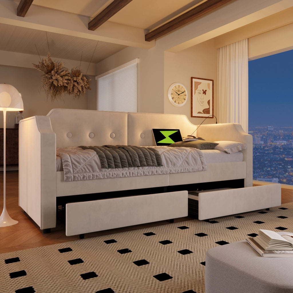 LETTO 90x200 cm in Velluto Beige con USB Type C, Lampada da Lettura e 2 Cassetti
