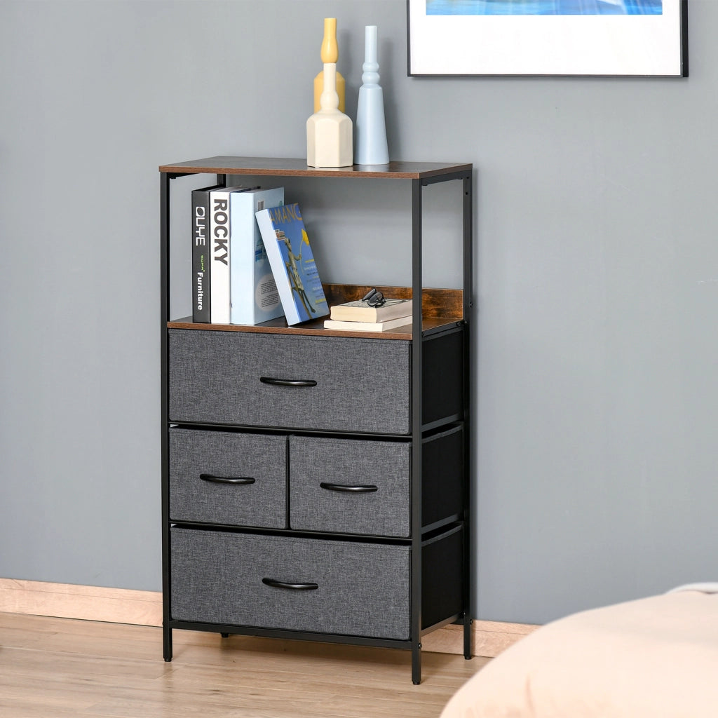 Cassettiera 4 cassetti con scaffali aperti ¨C Zephmum ¨C Grigio scuro tessuto e metallo