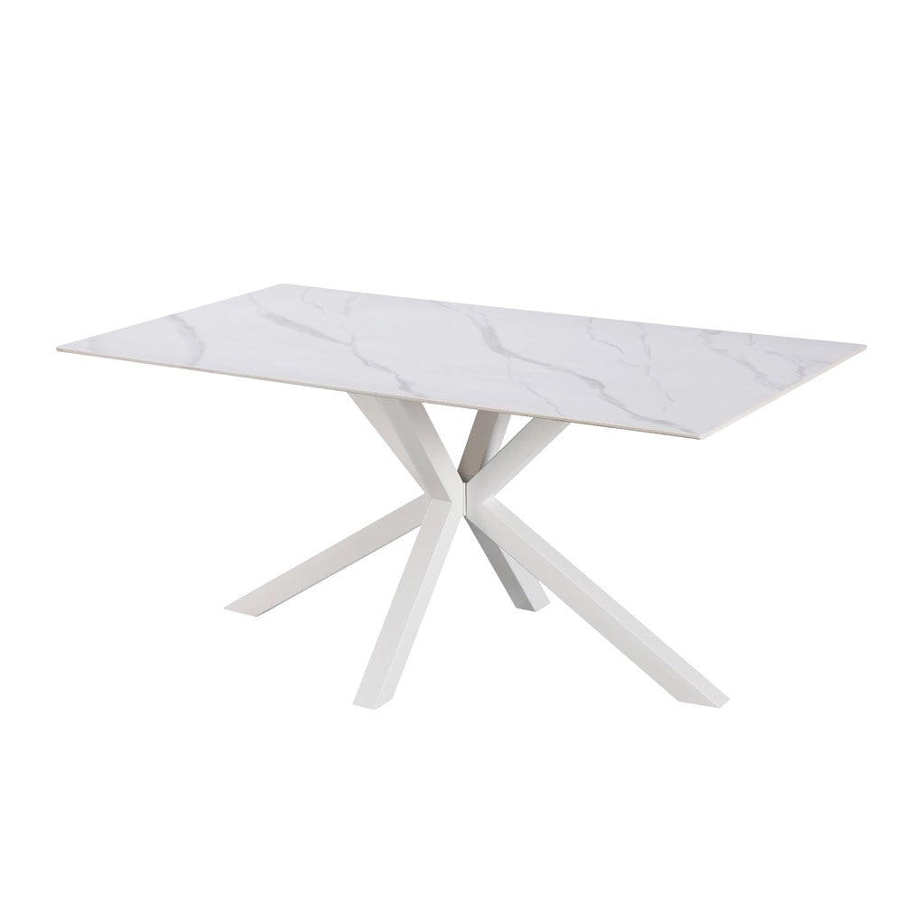 Tavolo da Pranzo Hunter 160×90 cm in Ceramica Effetto Marmo Bianco con Gambe Design Bianche