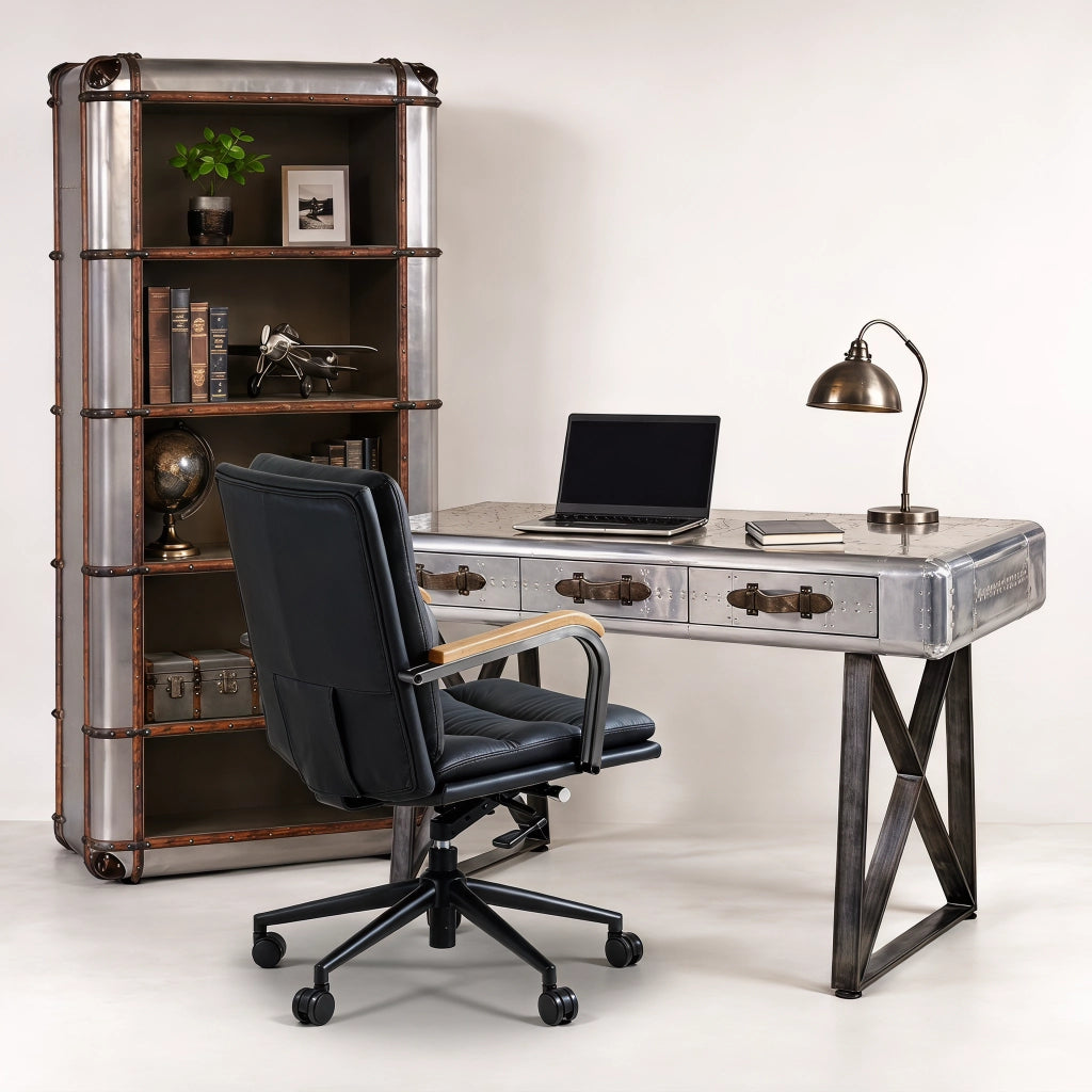 Sedia da ufficio girevole in pelle con altezza regolabile e supporto ergonomico, nera