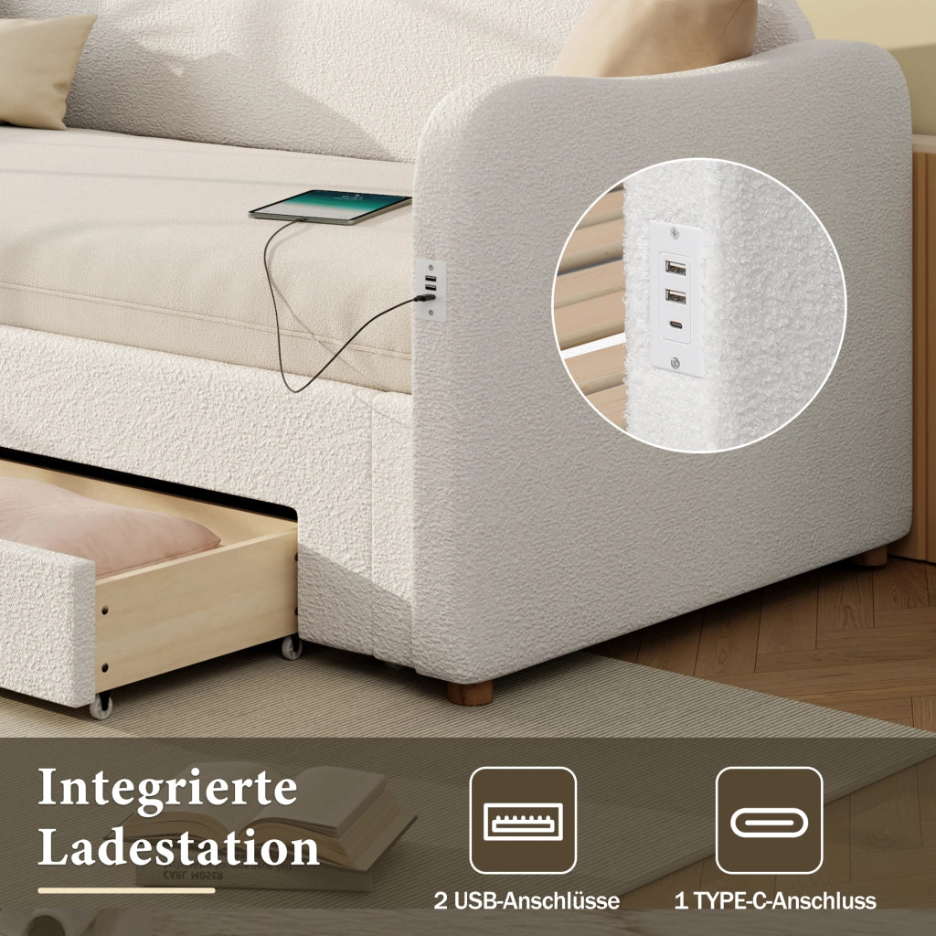 Divano letto con letto estraibile e cassetti, 90x200 cm, bouclé beige