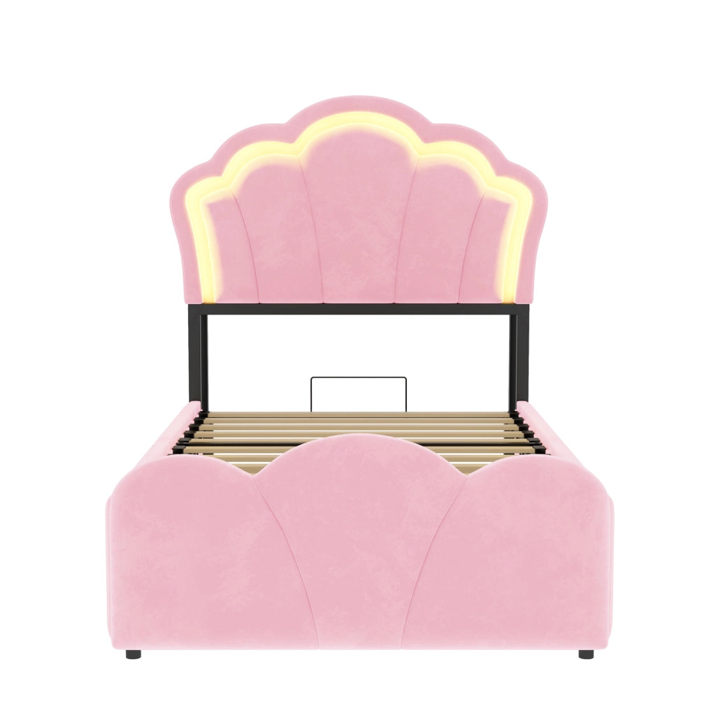 Letto imbottito 90x200 cm con contenitore idraulico, LED e prese integrate