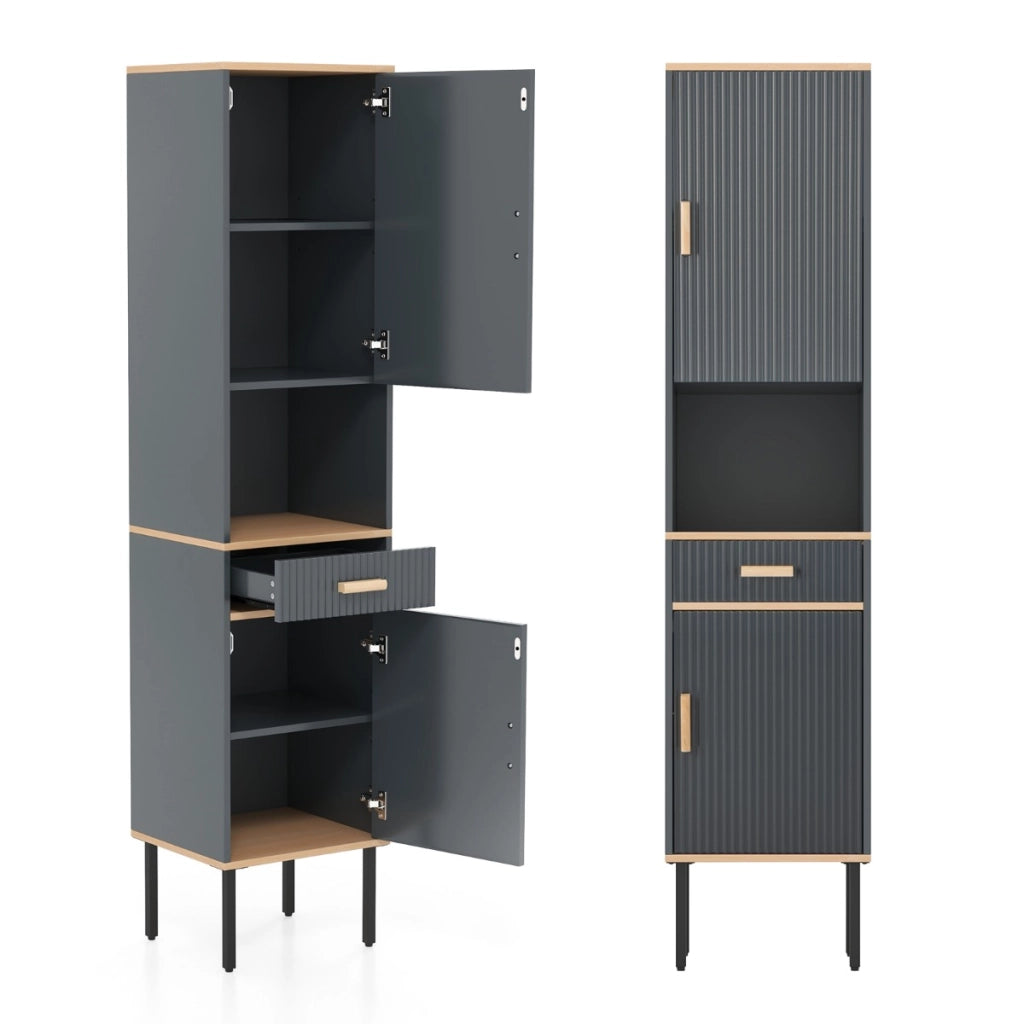 Mobile da bagno alto indipendente con scomparto aperto cassetto, Mobiletto stretto con ripiani regolabili Grigio