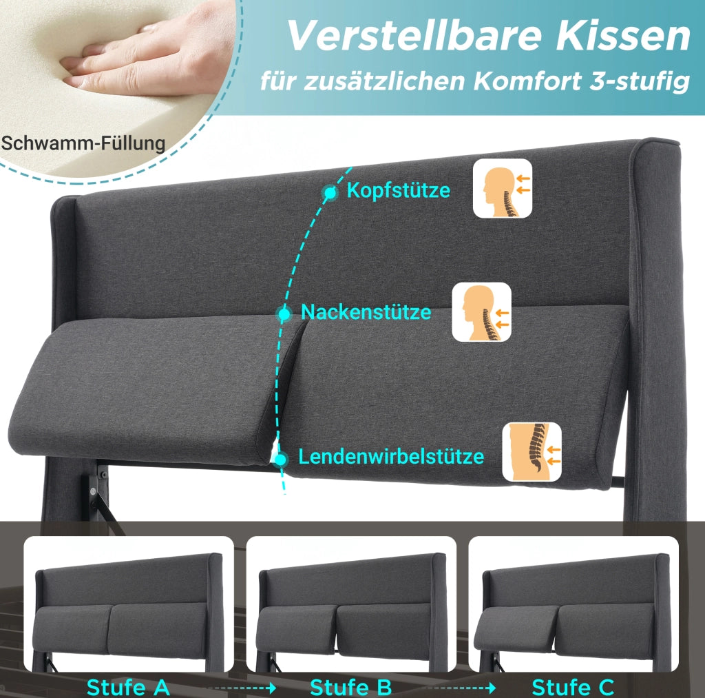 Letto matrimoniale contenitore 140x200 cm con testiera regolabile e materasso a molle; lino grigio