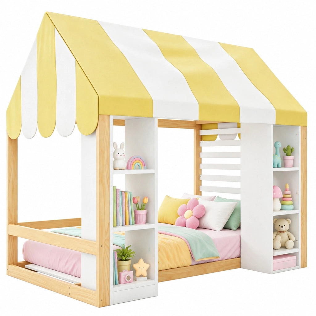 Letto per bambini in stile cottage 90x200 cm con baldacchino e vano contenitore; bianco e naturale
