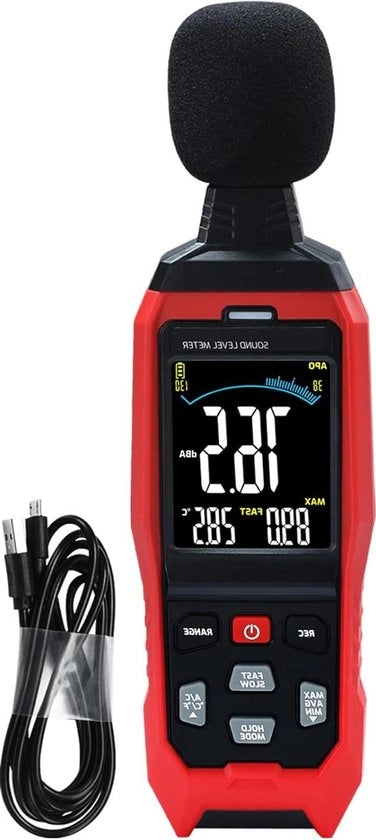 Misuratore di decibel con grande schermo LCD - misuratore di livello di rumore - misuratore di rumore preciso - allarme visivo acustico - misurazione rapida e lenta della temperatura