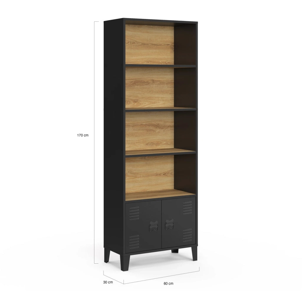 IDMarket - Libreria a 4 livelli con armadio ESTER con ante in metallo nero e piano in legno dal design industriale