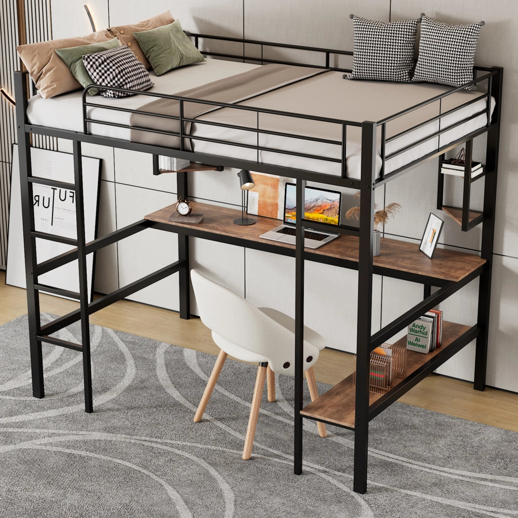 OKWISH Letto a Soppalco 90×200 cm, Letto Singolo con Scrivania, 5 Mensole e Libreria, senza Materasso, in Metallo, Nero