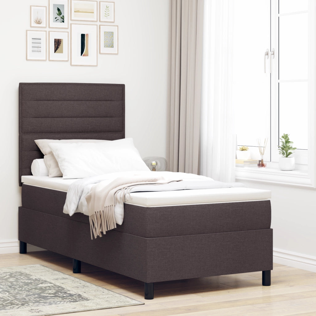 Letto Box Spring con Materasso e LED, Marrone Scuro, 90x200 cm, Tessuto