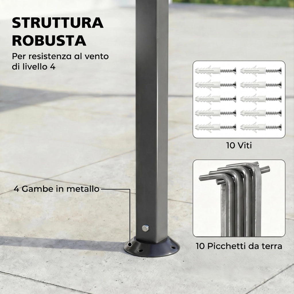 Gazebo da Giardino con Tetto Estensibile e Fori di Drenaggio, in Metallo e Poliestere, 3.2x3.2 m, Grigio Scuro