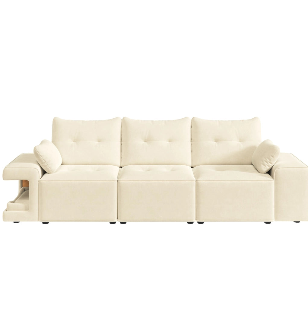 Divano modulare 3 posti beige in velluto con vani contenitore e nicchie imbottite per animali